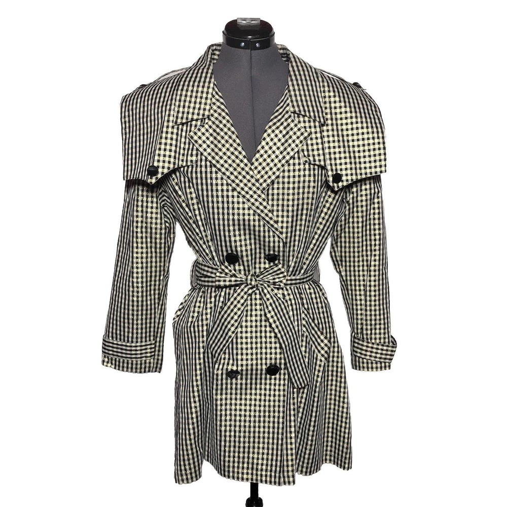 Vintage Trench Coat Tulipe California Gold Check Metallic Double Breasted B-44 M